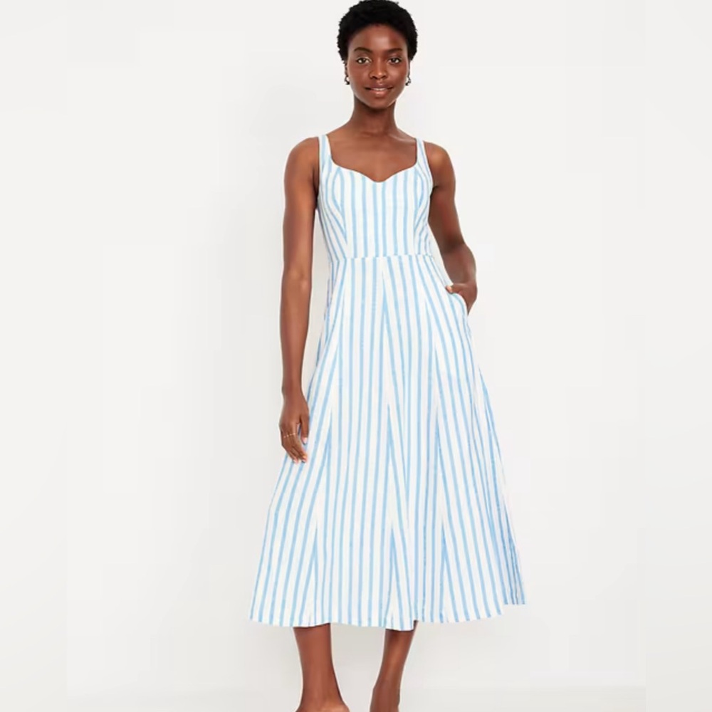 Old Navy sleeveless sweet heart neckline blue Linen-Blend Midi Dress petite XXL